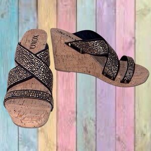 XOXO Black Gold Stud Strap Cork Wedge Slide Sandals NWOT